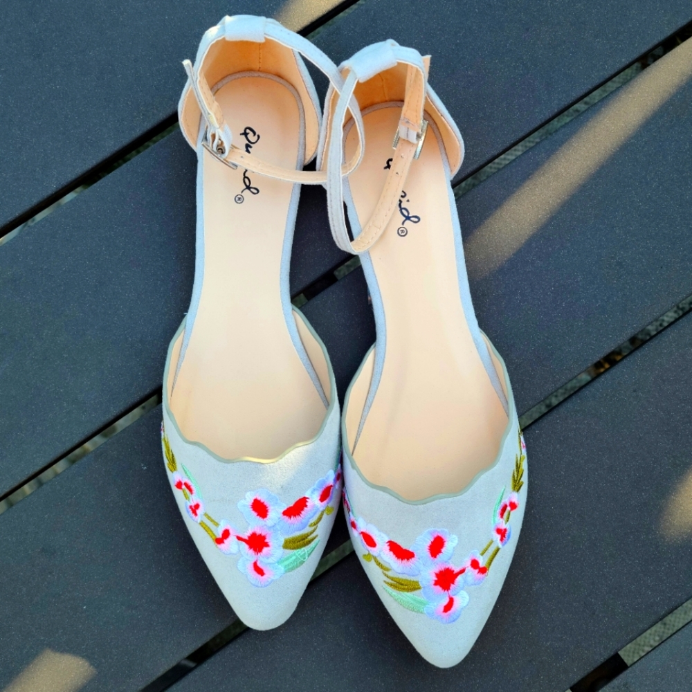 Qupid Blue Embroidered Floral D'Orsay Flats